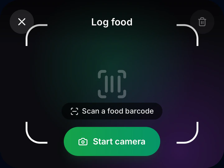 Log food in BarbellBites with the barcode scanner ready: Scan a food barcode, Start camera