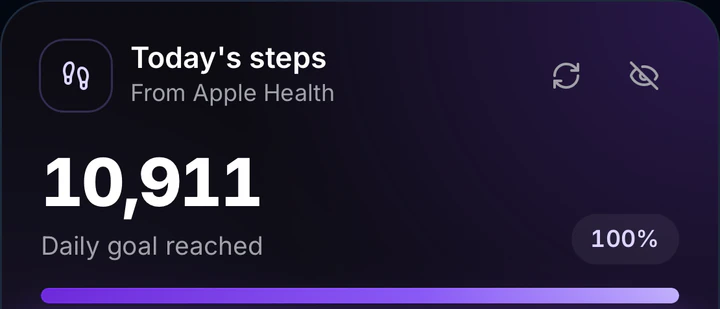 Today's steps from Apple Health: 10,911, daily goal reached
