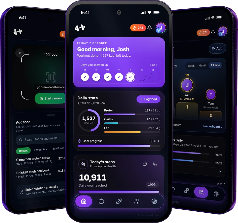 The BarbellBites app on three phones