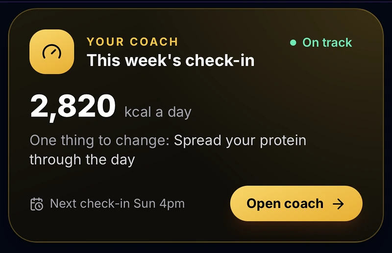 The Premium coach card in BarbellBites with this week’s calorie target